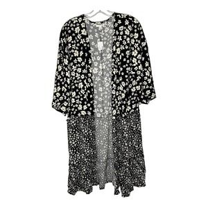 Maurices Women's XXL Black Cream Floral Open Front Duster Kimono Ruffle Size 2X